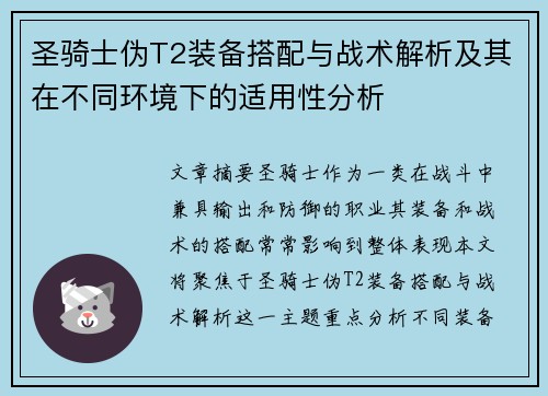 圣骑士伪T2装备搭配与战术解析及其在不同环境下的适用性分析